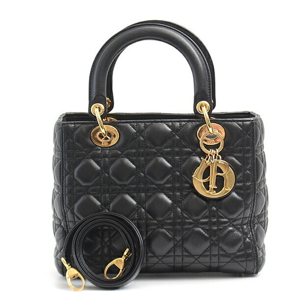 Christian Dior Lady Dior Cannage 2WAY Handbag Calf Black - Picture 1 of 10